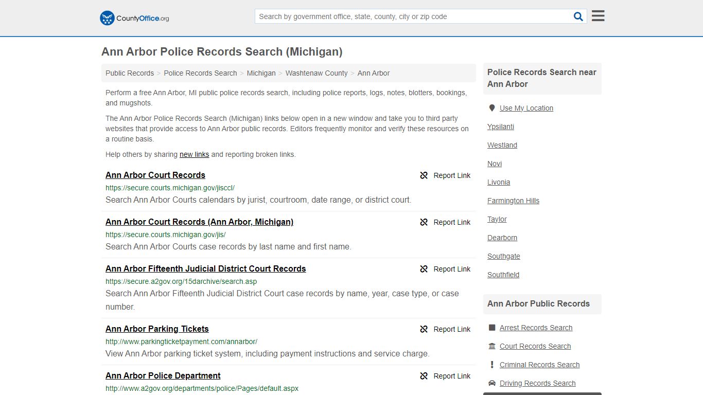 Ann Arbor Police Records Search (Michigan) - County Office